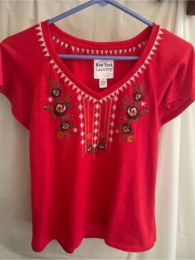New York Laundry Red Embroidered V-Neck Women's Top